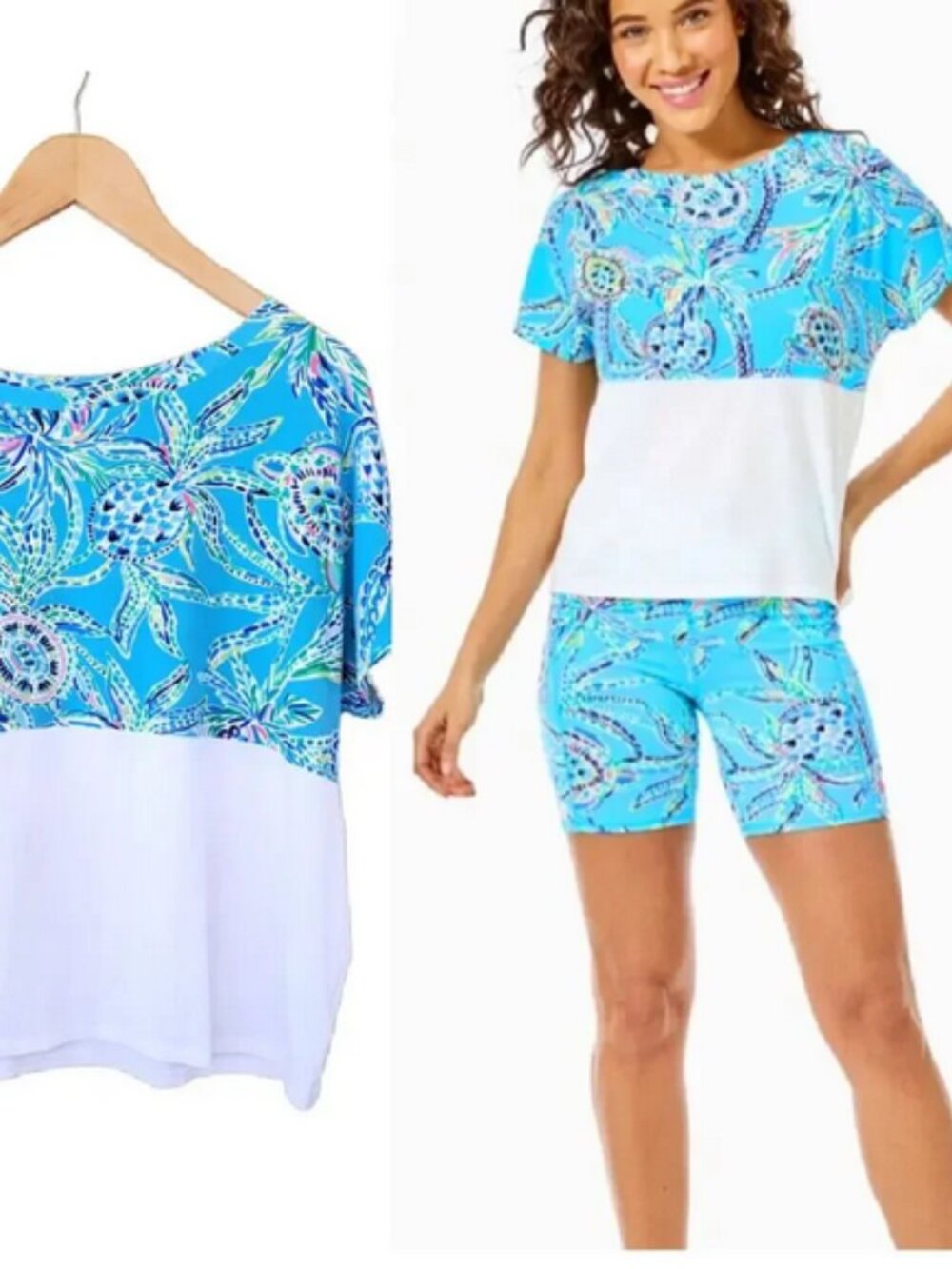 LILLY PULITZER Finn Cropped Bermuda Blue Turtle Szn Short Sleeve Top XXL
